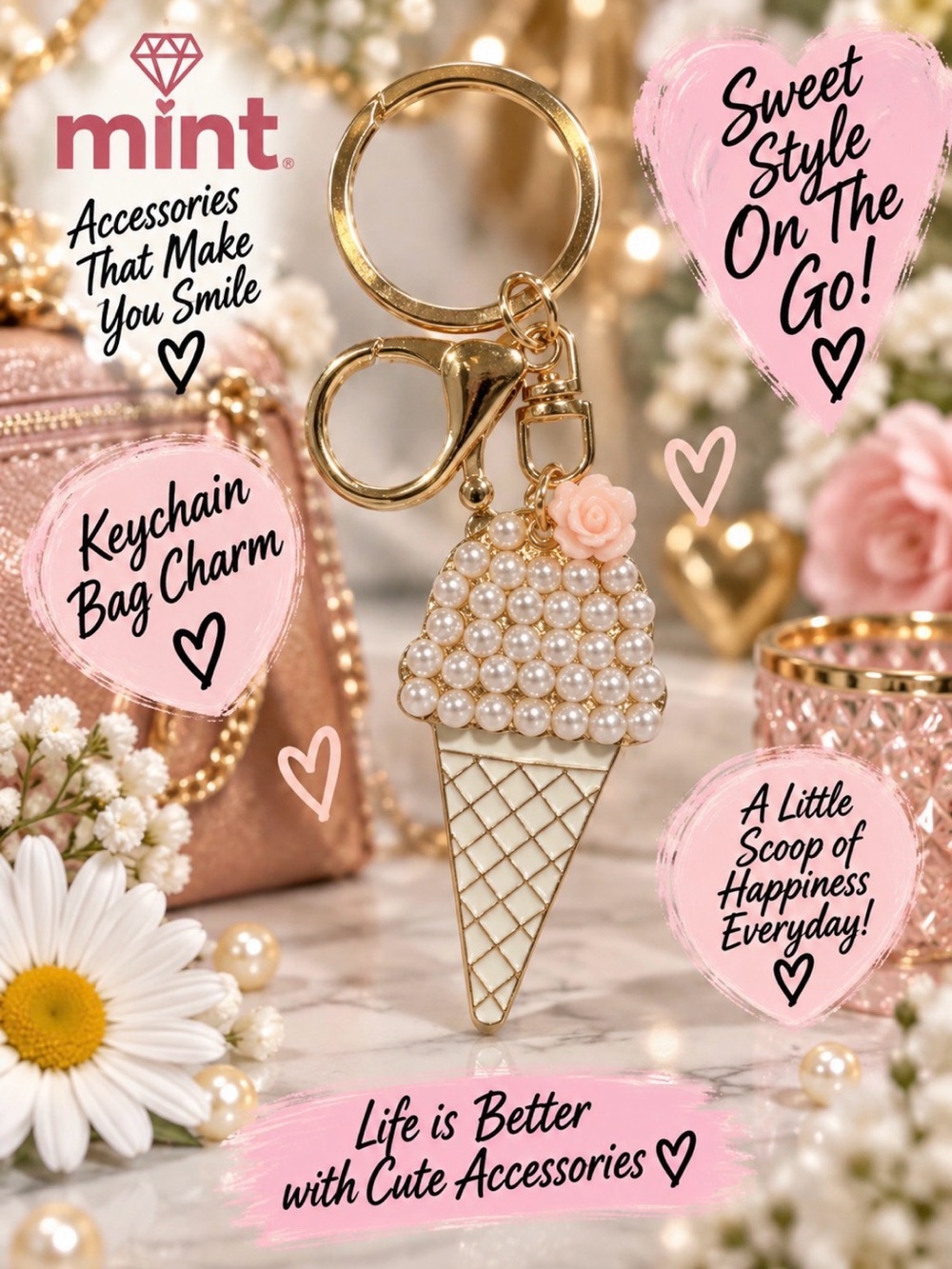 Pearl Embellished Ice Cream Cone Keychain Bag Charm - Cream